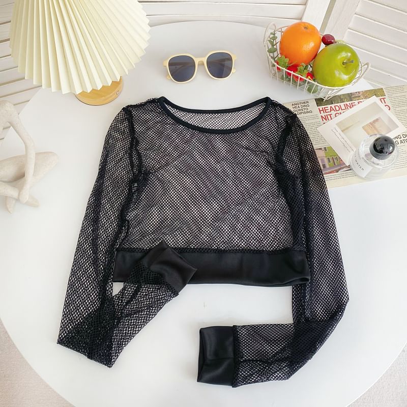 Long-Sleeve Crew Neck Plain Mesh Crop Top