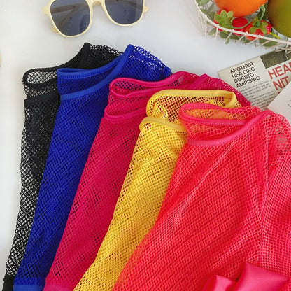 Langärmliges, schlichtes Crop-Top aus Netzstoff mit Rundhalsausschnitt