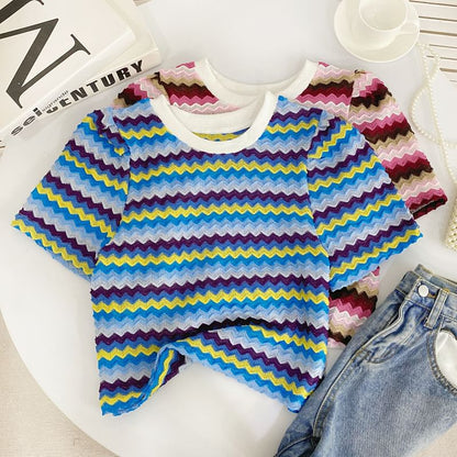 Kurzärmliges Rundhals-Farbblock-T-Shirt