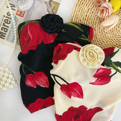 Haut tube court asymétrique à fleurs