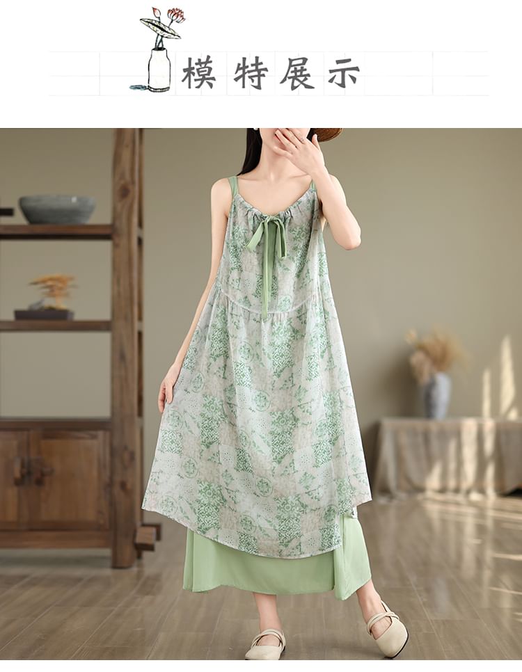 Sleeveless V-Neck Patterned Print Panel Tie Front Maxi A-Line Dress