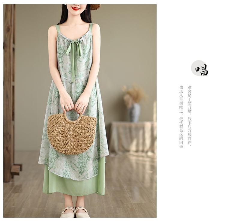 Sleeveless V-Neck Patterned Print Panel Tie Front Maxi A-Line Dress