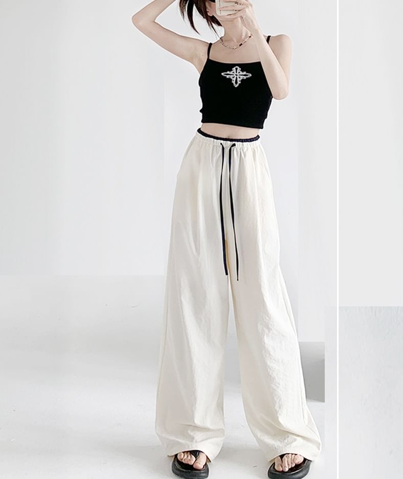 Contrast Panel Drawstring High Rise Wide Leg Sweatpants