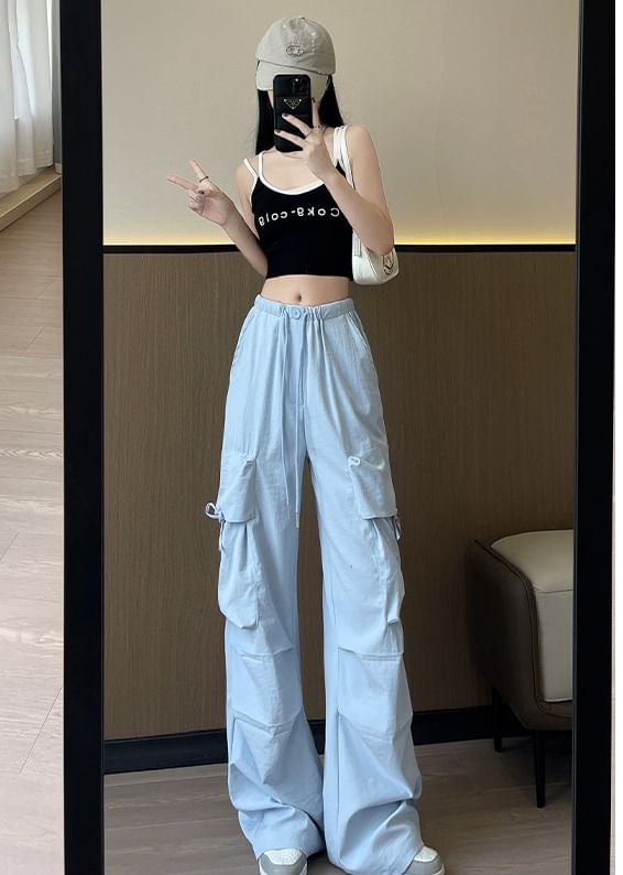 Bow Accent High Waist Plain Wide Leg Parachute Cargo Sweatpants