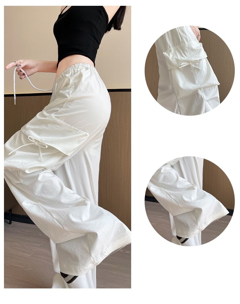 Bow Accent High Waist Plain Wide Leg Parachute Cargo Sweatpants