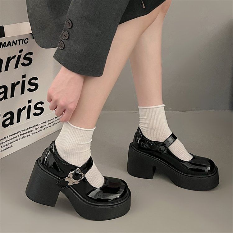 Chaussures Mary Jane à talon épais et plateforme avec accents papillon