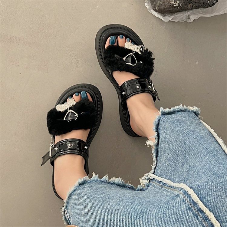 Heart Buckled Studded Platform Slide Sandals