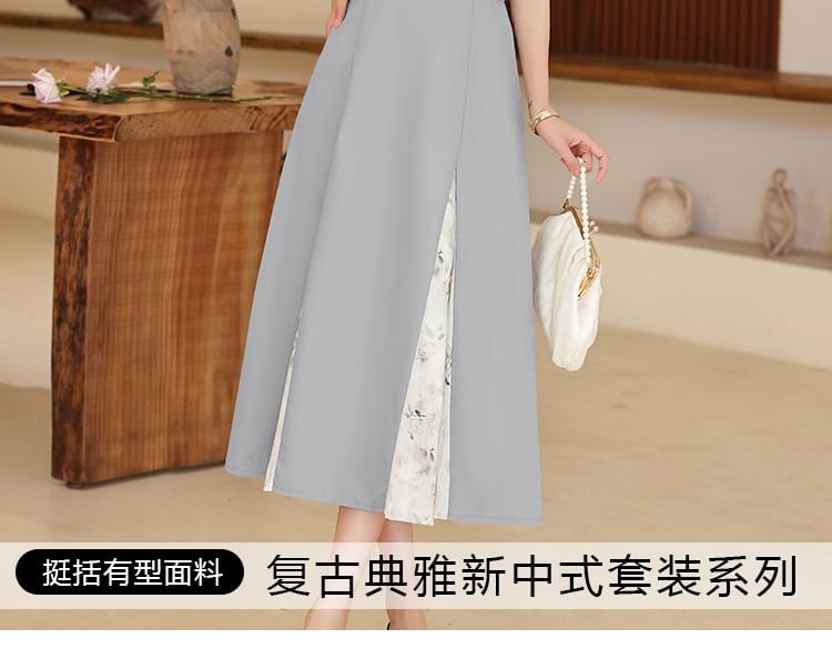 Set: Short-Sleeve Mandarin Collar Floral Panel Frog Button Cropped Blouse + High Waist Midi A-Line Skirt