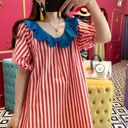 Short-Sleeve Ruffle Striped Maxi A-Line Dress