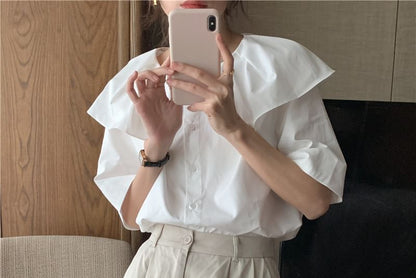 Short-Sleeve Collared Plain Blouse
