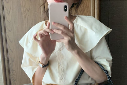 Short-Sleeve Collared Plain Blouse