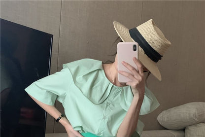 Short-Sleeve Collared Plain Blouse