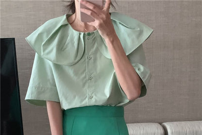 Short-Sleeve Collared Plain Blouse