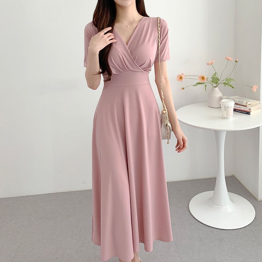 Short-Sleeve V-Neck Plain Maxi A-Line Dress