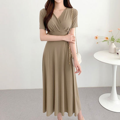 Short-Sleeve V-Neck Plain Maxi A-Line Dress