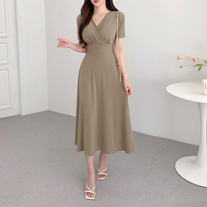 Short-Sleeve V-Neck Plain Maxi A-Line Dress