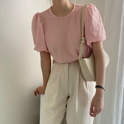 Kurzärmliges Rundhals-Strickoberteil in Uni