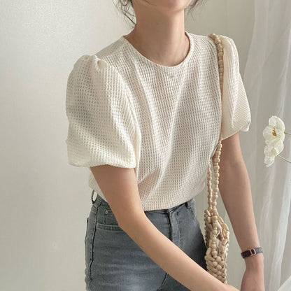 Kurzärmliges Rundhals-Strickoberteil in Uni