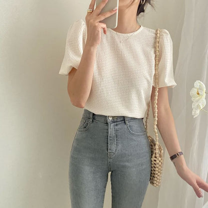 Kurzärmliges Rundhals-Strickoberteil in Uni