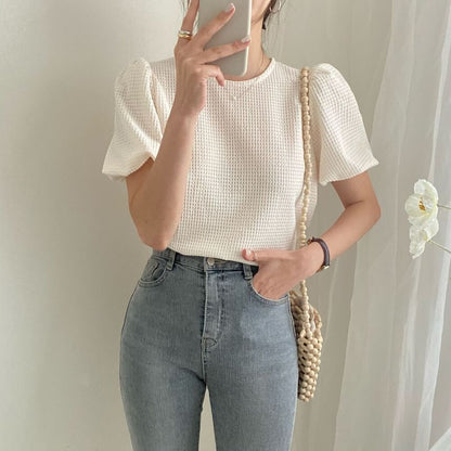 Kurzärmliges Rundhals-Strickoberteil in Uni