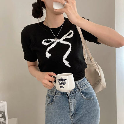 Short-Sleeve Crewneck Ribbon Jacquard Plain Knit Top