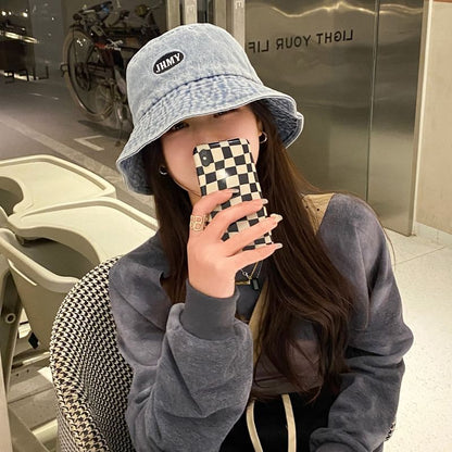 Bucket Lettering Washed Denim Embroidered Hat