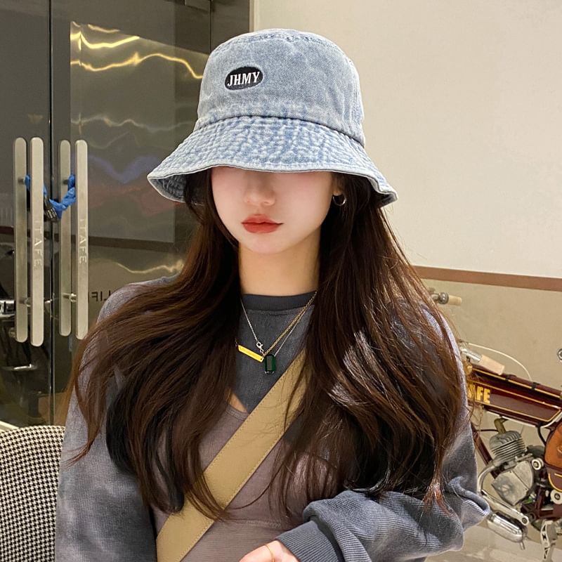 Bucket Lettering Washed Denim Embroidered Hat