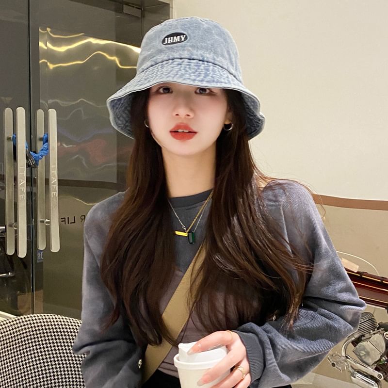 Bucket Lettering Washed Denim Embroidered Hat