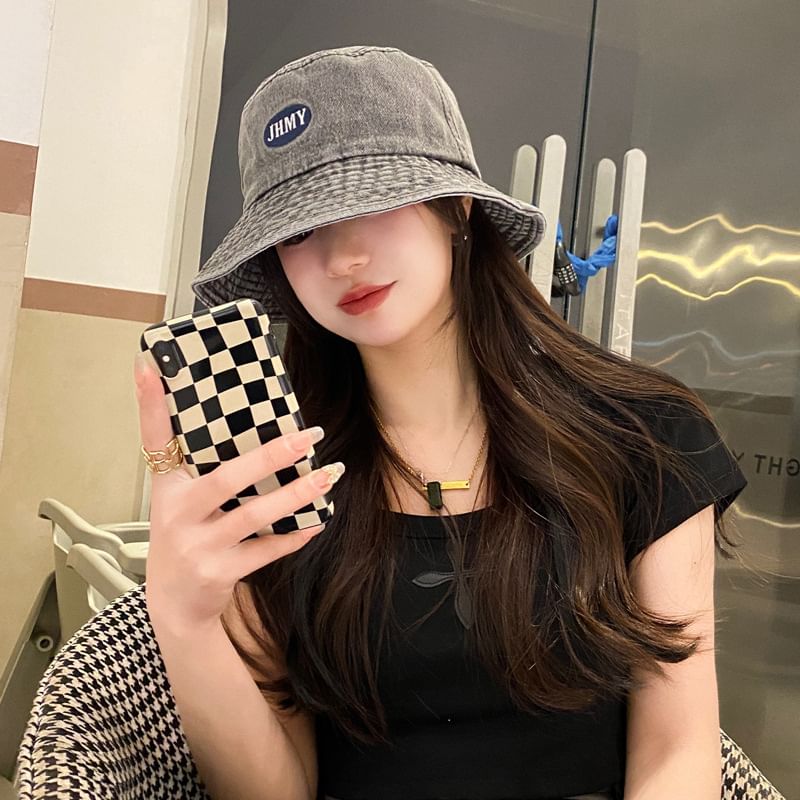Bucket Lettering Washed Denim Embroidered Hat