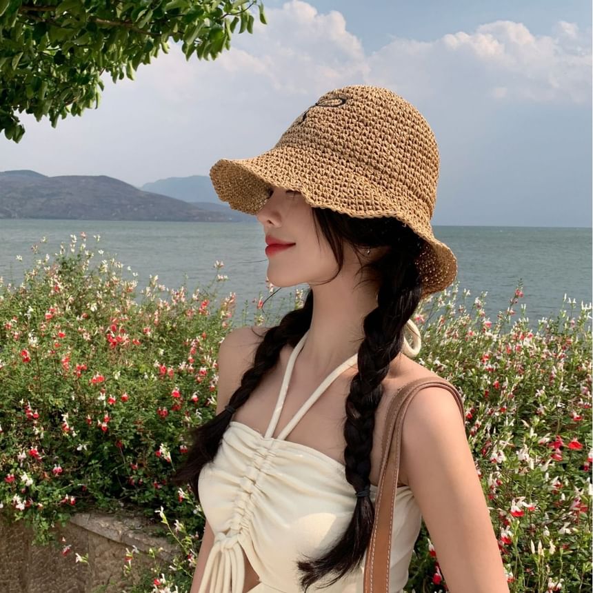 Bow Embroidered Sun Hat Straw
