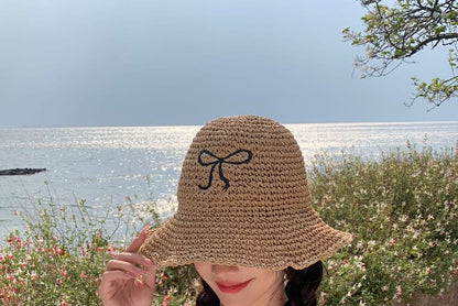 Bow Embroidered Sun Hat Straw