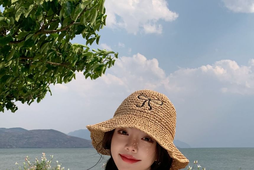 Bow Embroidered Sun Hat Straw