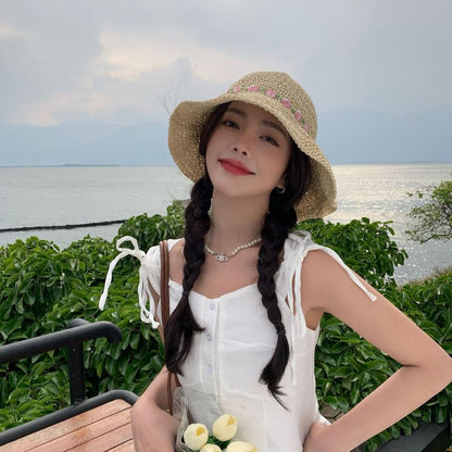 Hat Straw Embroidered Floral Sun