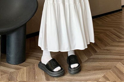 Einfarbiger Midirock in A-Linie mit hoher Taille und Rüschen