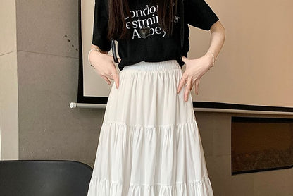 Einfarbiger Midirock in A-Linie mit hoher Taille und Rüschen