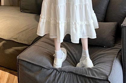 High Rise Plain Frill Trim Midi A-Line Skirt