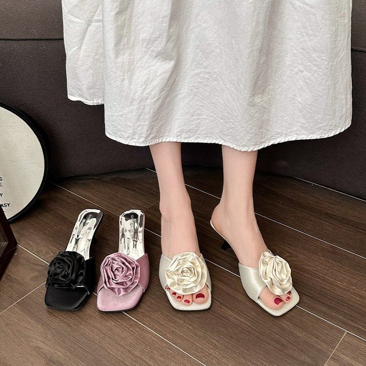 Flower Kitten Heel Slide Sandals