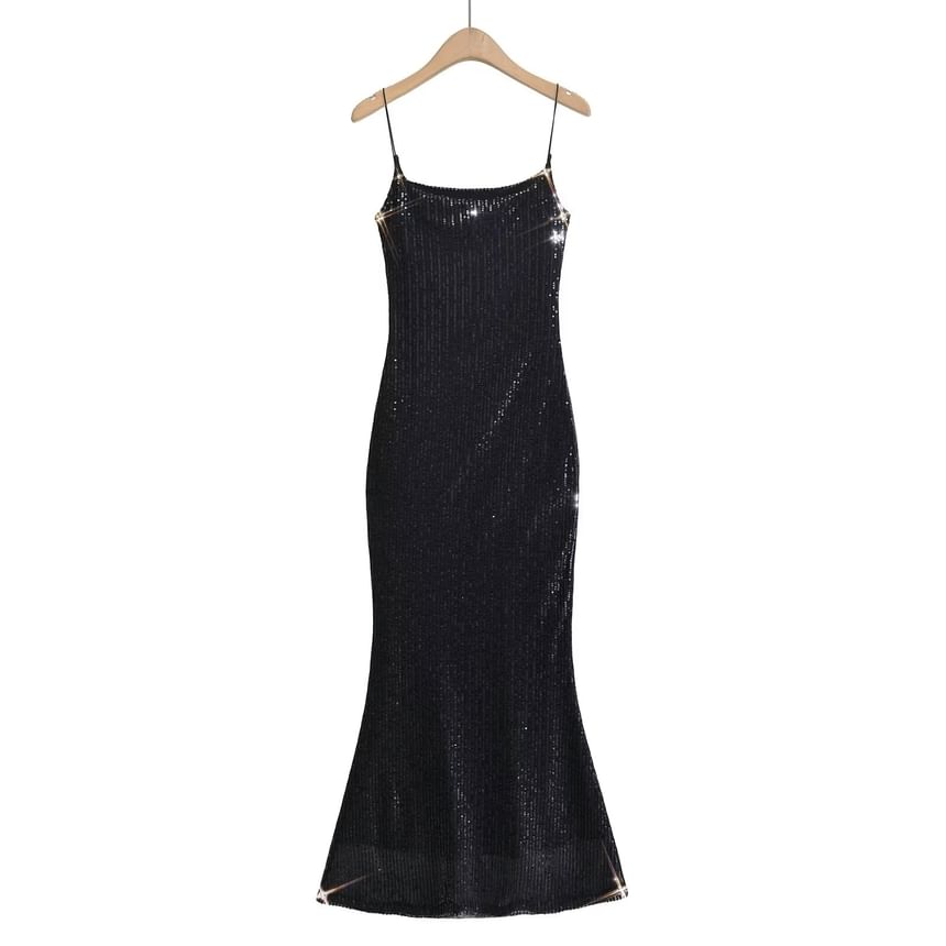 Spaghetti Evening Strap Back Gown Open Sequin Mermaid Neck Scoop