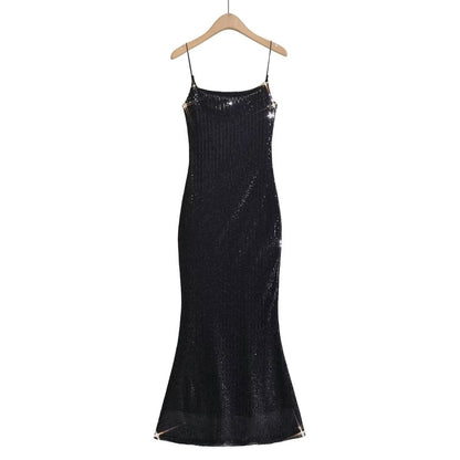 Spaghetti Evening Strap Back Gown Open Sequin Mermaid Neck Scoop