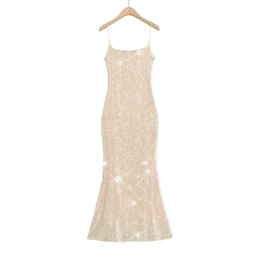 Spaghetti Evening Strap Back Gown Open Sequin Mermaid Neck Scoop