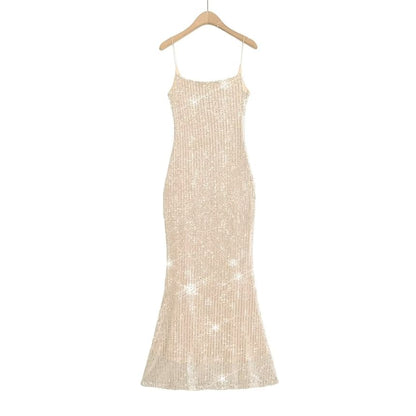 Spaghetti Evening Strap Back Gown Open Sequin Mermaid Neck Scoop