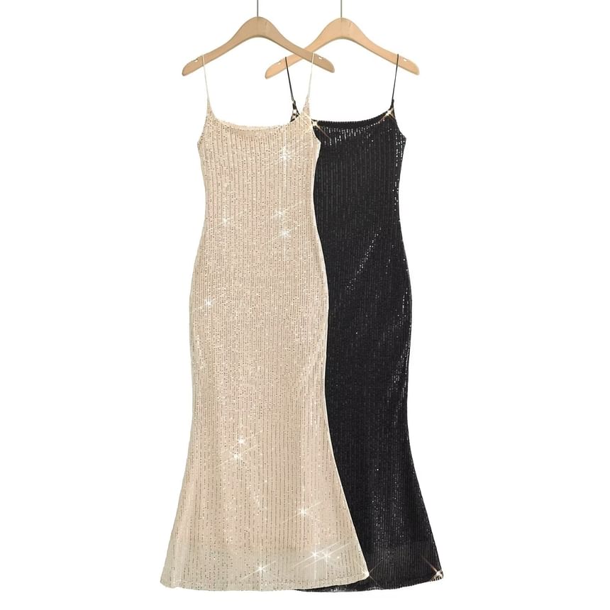 Spaghetti Evening Strap Back Gown Open Sequin Mermaid Neck Scoop