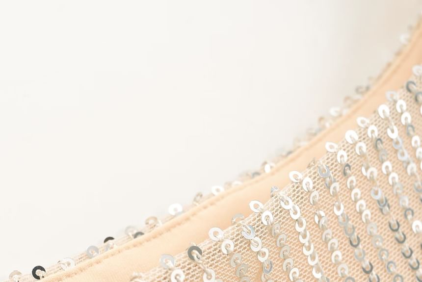 Spaghetti Evening Strap Back Gown Open Sequin Mermaid Neck Scoop