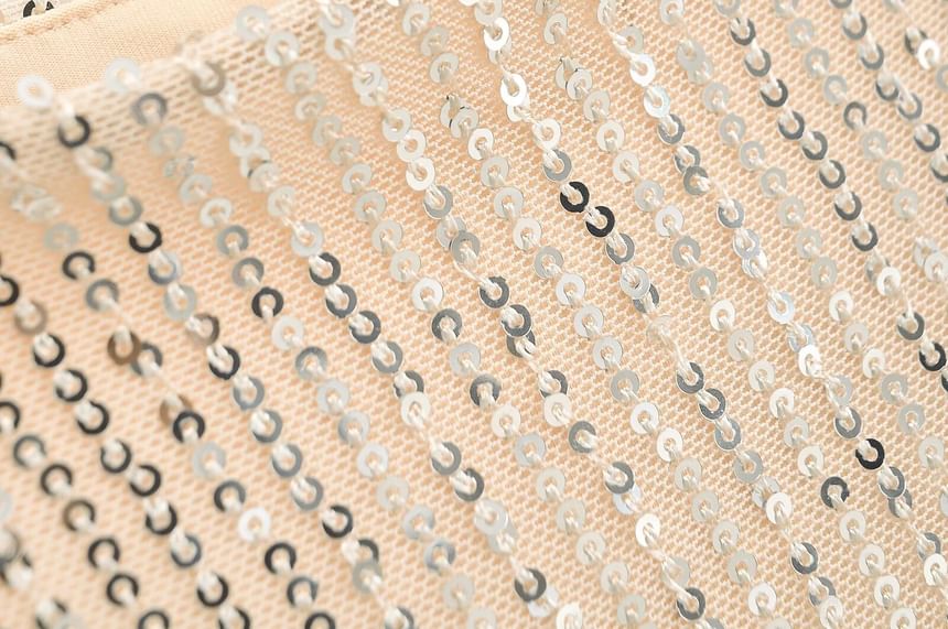 Spaghetti Evening Strap Back Gown Open Sequin Mermaid Neck Scoop