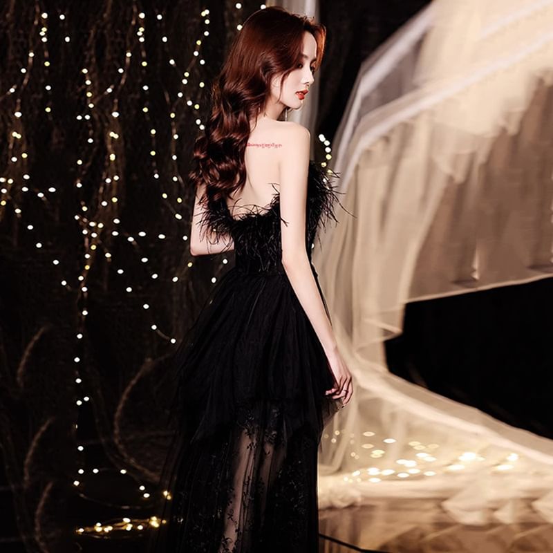 Sequin A-Line Lace Panel Strapless Gown Evening