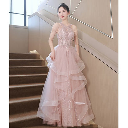 Cold-Shoulder Plaid Sequin Ruffle A-Line Evening Gown