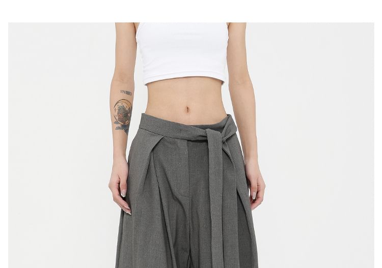 Low Rise Tie-Rise Plain Loose-Fit Wide-Leg Pants