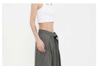 Low Rise Tie-Rise Plain Loose-Fit Wide-Leg Pants