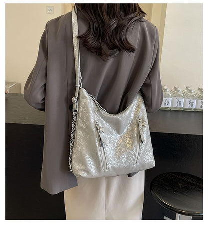 Leather Strap Plain Chain Backpack Zipped Faux