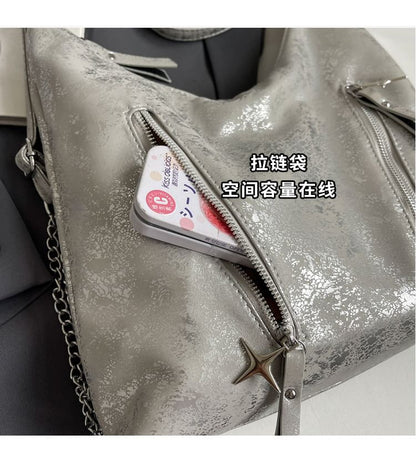 Leather Strap Plain Chain Backpack Zipped Faux